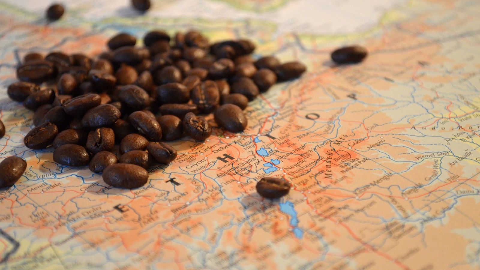 những hạt cà phê đặt trên bản đồ ethiopia