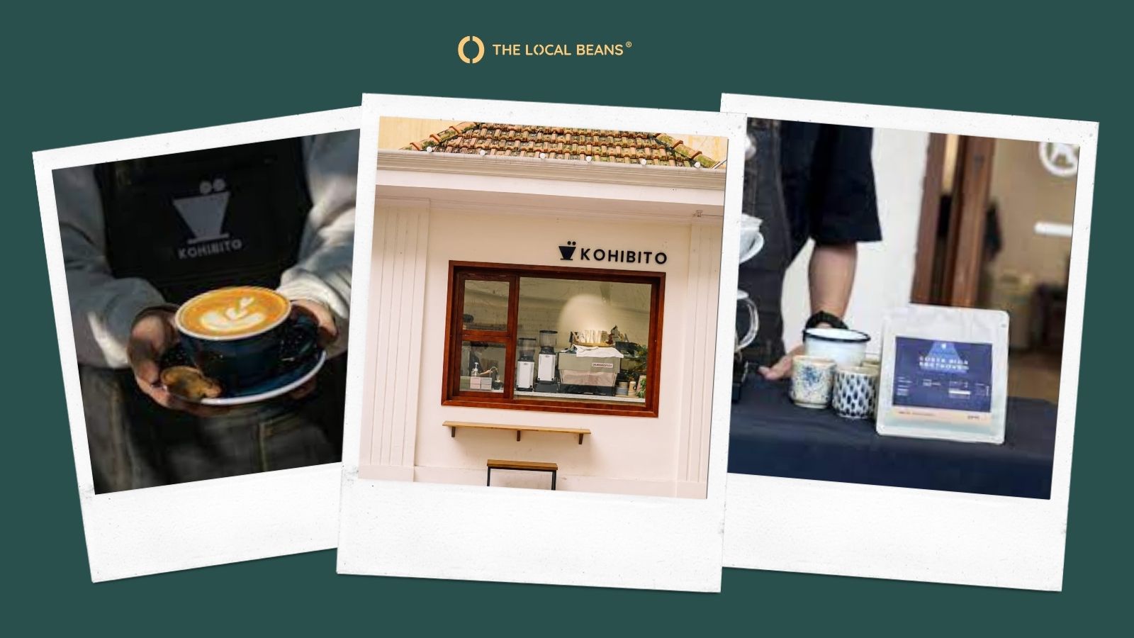 Hình ảnh ly cà phê, quầy take-away và gói cà phê nguyên hạt của quán Kohibito